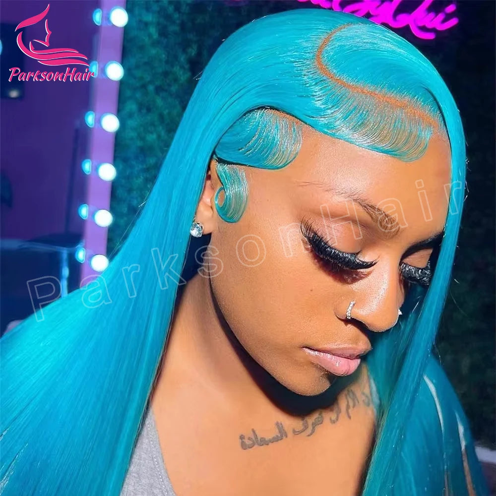 Brazilian Real Hair Blue Color Straight Human Hair Wigs 13×4 13*6 Transparent Lace Frontal Hair Wigs For Women Lace Wigs 250