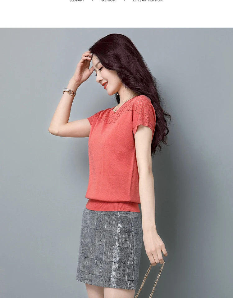2024 Summer Ladies Knitted Top Short Sleeve Tshirt Hollow Out T Shirt Women Loose Elegant Tee Shirt Femme Casual Clothes T-shirt