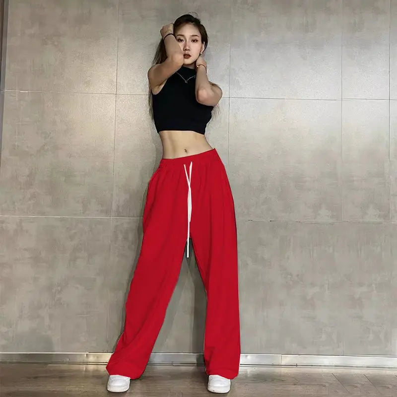 Hip Hop Leggings Sports Women's Spring and Autumn Patchwork High Waisted Drawstring Pockets Solid Color Loose Casual Jazz Pants