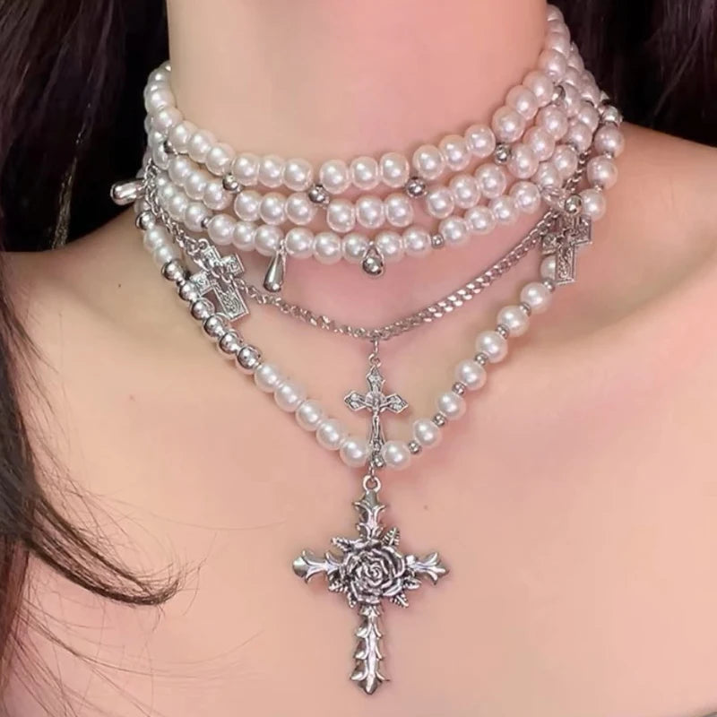 Y2K Accessories Pearl Cross Necklaces Multi Layer Choker Set Charms Necklace for Women Korean Fashion Necklace Punk Goth Jewelry