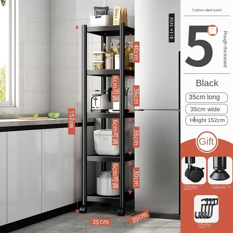 3/4/5 Tiers Trolley Rack Floor-to-ceiling Multi-layer Home Bedroom Mobile Kitchen Multi-functional Storage Storage Rack Pulley