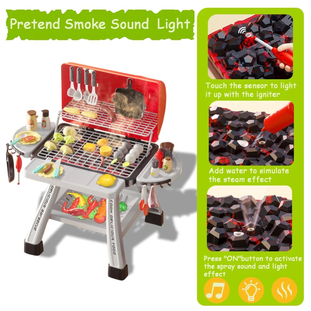 WizKidz Barbecue Grill Toy Set Kids BBQ Kitchen Playset with Smoke Sound Light Simulation Interactive Cooking Toy for Ages 3-12