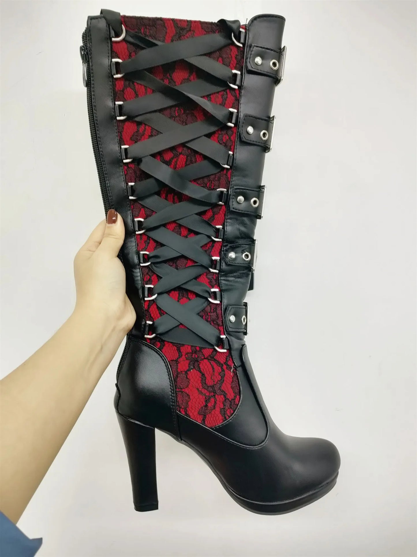 Platform Boots for Women Lace Up Chunky High Heel Med Calf Boots Narrow Band Bow Knot Goth Gothic Shoes Winter 2023