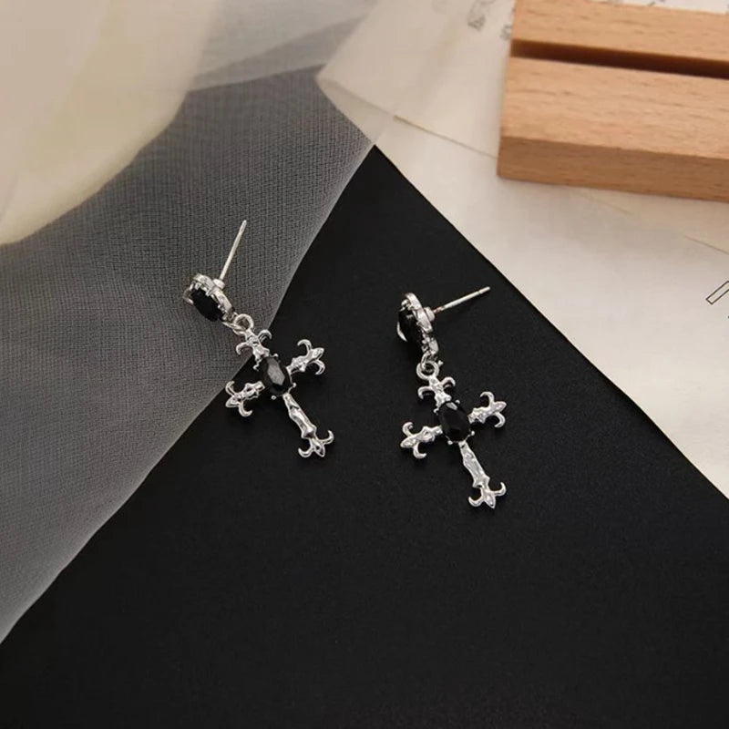 Gothic Cross Black Drill Drop Earrings Women Punk Halloween Jewellery Creativity Fashion Gorgeous Statement Jewelry Girl Gifts