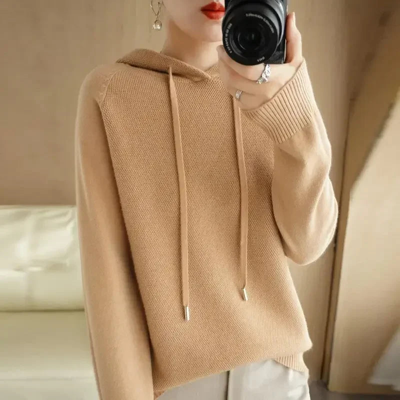 Hooded Sweater Woman Autumn Winter Long Sleeve Warm Bottoming Shirt Solid Casual Pullovers Knit Tops Korean Fashion Jumper 2024