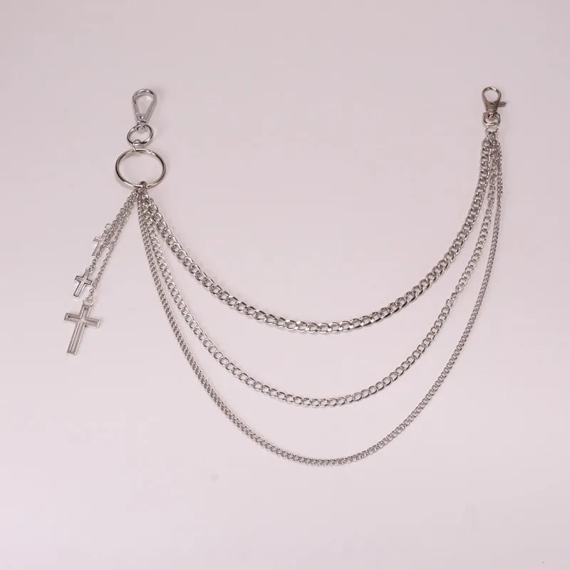 Punk Metal Cross Rivet Layered Chain Keychains for Men Women Waist Key Chain Wallet Jeans Hip-hop Pants Belt Jewelry Accessories