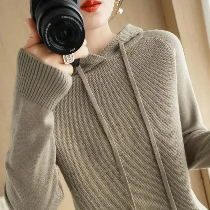 Hooded Sweater Woman Autumn Winter Long Sleeve Warm Bottoming Shirt Solid Casual Pullovers Knit Tops Korean Fashion Jumper 2024