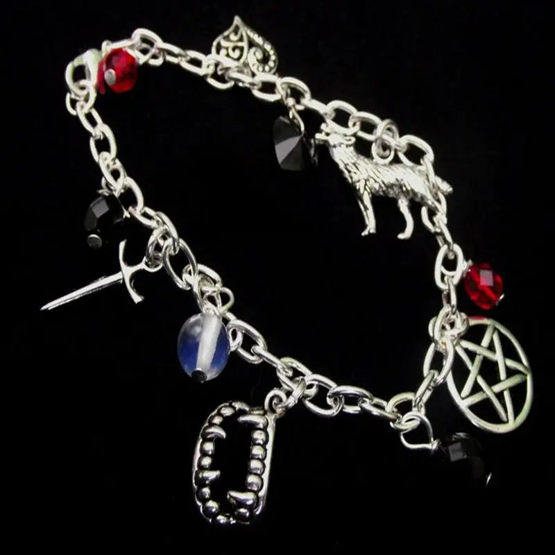 Steampunk Vampire Teeth Charms Bracelet Gothic Witchcraft Pentagram Wolf Sword Crystal Cuff Bracelet Boho Inspired Women Jewelry