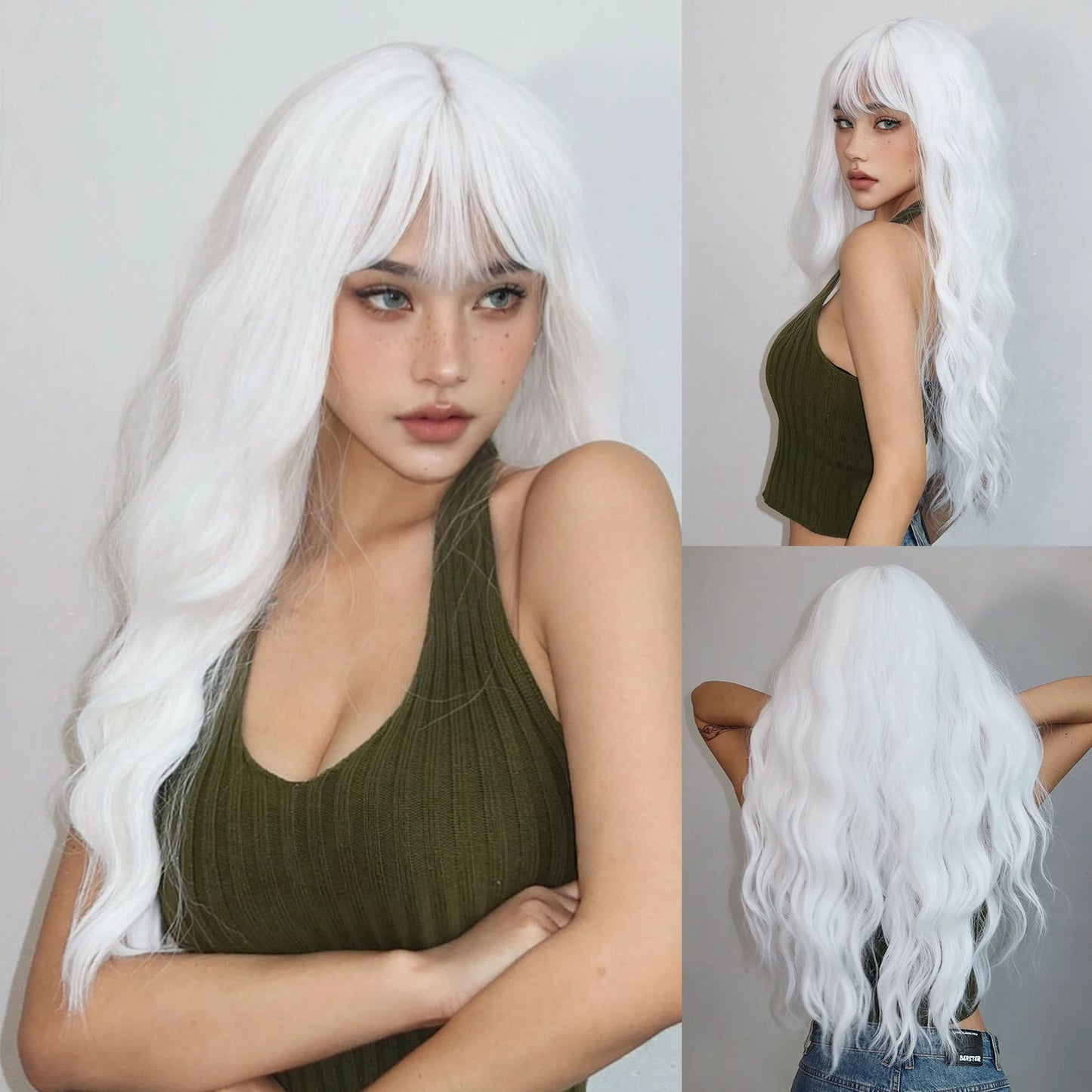 Light Green Long Wavy Synthetic Wigs with Bangs Blackish Green Cosplay Wig for Women Lolita Wig Heat Resistant Natural Hair