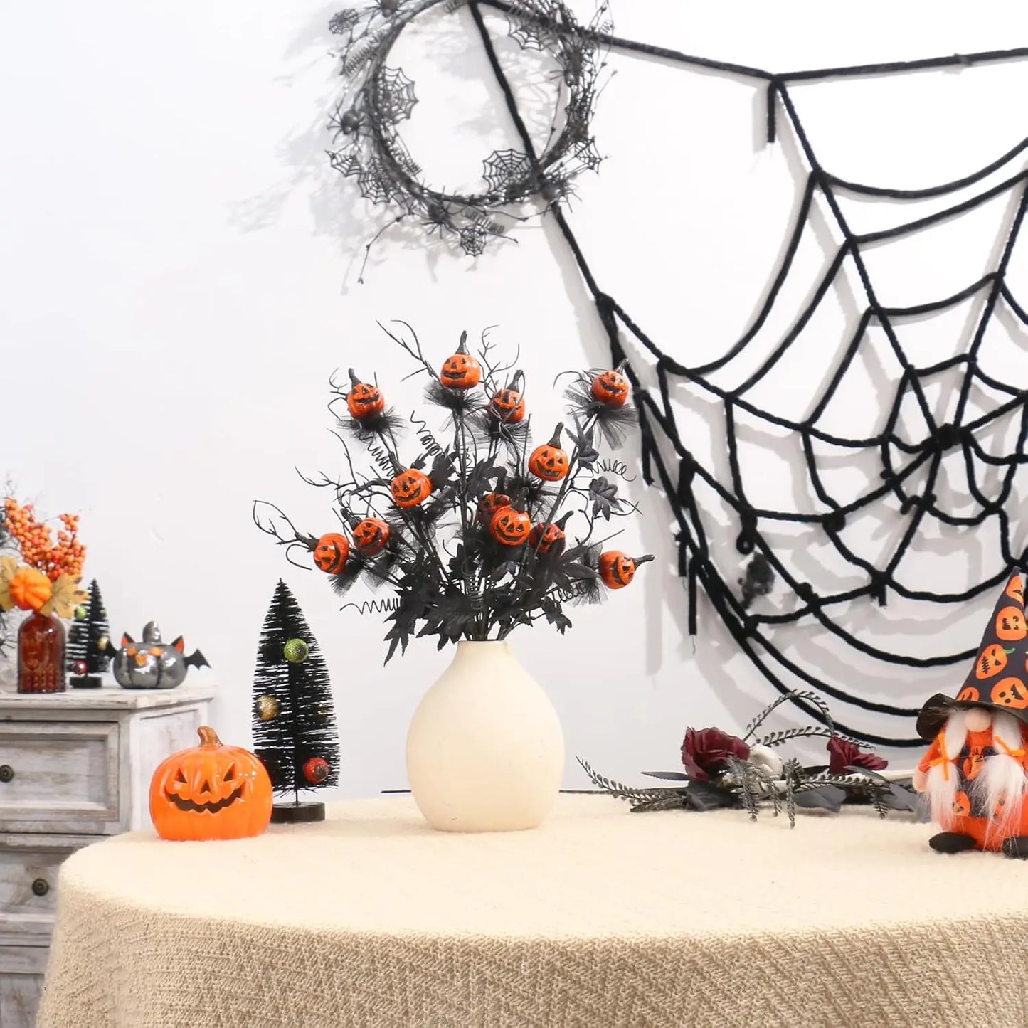 Halloween Decor Artificial Pumpkin Maple Leaf Floral Stems Black Orange Halloween Branches Home Indoor Party Vase Arrangement