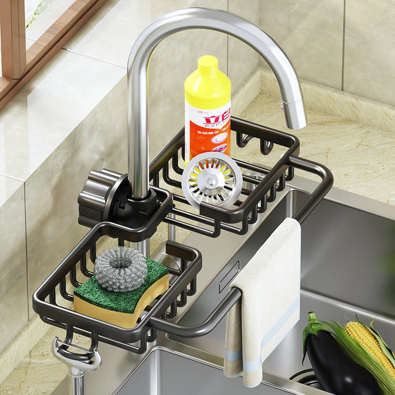 Kitchen Aluminum Sink Drain Rack Faucet Storage Holder Sponge Drainer Shelf Basket Soap Organizer Kitchen Bathroom Accessories