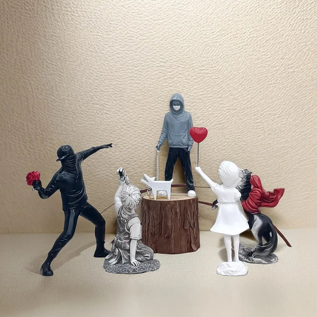 Banksy Sculpture Collection Flower Thrower Statue Pop Art Modern Balloon Girl Figurine Office Home Decoration Accessories Street