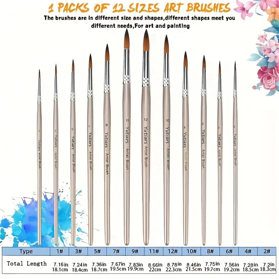 12pcs Professional Paint Brushes Set Round Pointed Tip Nylon Hair Artist Acrylic Brush For Acrylic Watercolor Oil Painting Body