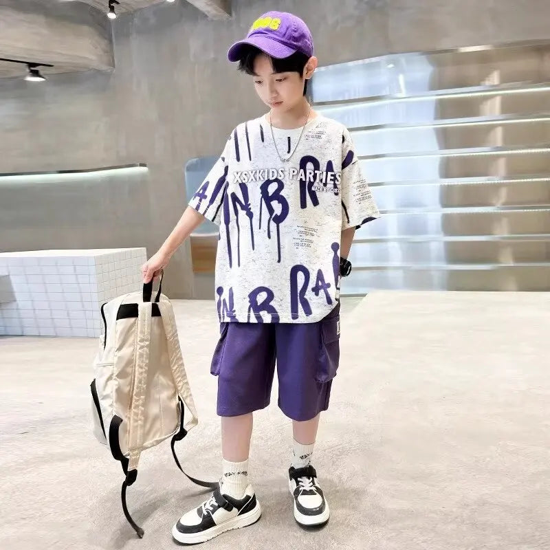 2024 Summer Boys Purple Sets Korean High Street Fashion Kids T-shirts Shorts 2 Piece Set High Quality Children's Sports Suits