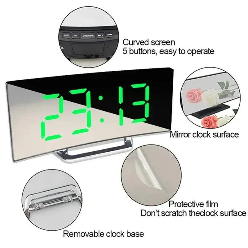 LED Large Curved Screen Crystal Clock Multifunctional Electronic Alarm Clock Creative Bedside Silent Clock Interior Decoration