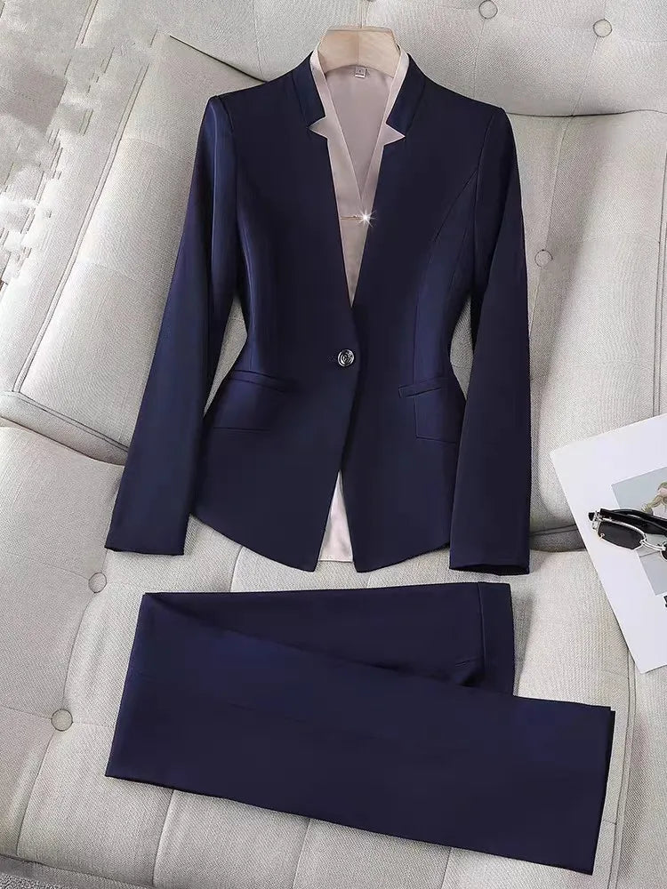 Professional Navy Blue Suits Women Spring Temperament Slim Blazer And Pants Sets Office Ladies Fashion Work Clothes Uniform