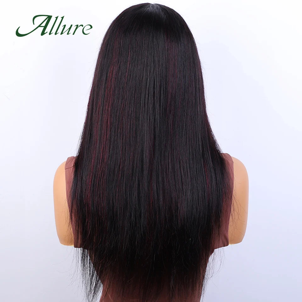 Brazilian Straight Human Hair Wigs for Women Ombre Glueless Wig With Bangs 180% Density Burgundy Colored Hair Long Wigs Allure