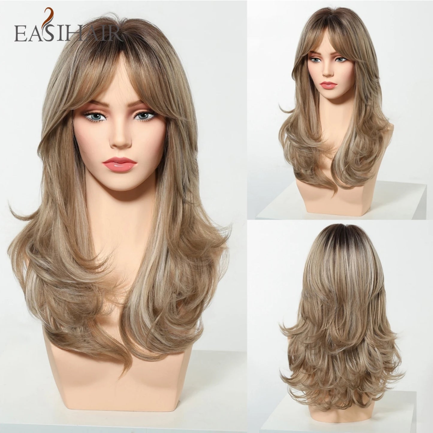 EASIHAIR Long Wavy Brown Synthetic Wigs for Women Dark Brown Wigs With Side Bangs Natural Hair for Daily Use Heat Resistant Wig