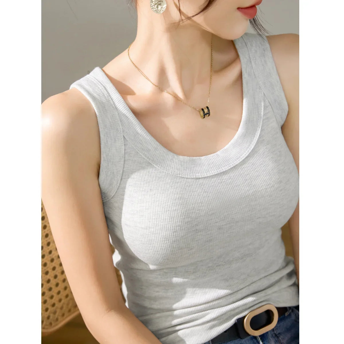 YSZWDBLX Women Tanks Solid Summer Slim Fit Cotton Bottoming Shirts Grey White Black Sexy Womens Clothing Casual Tank Tops