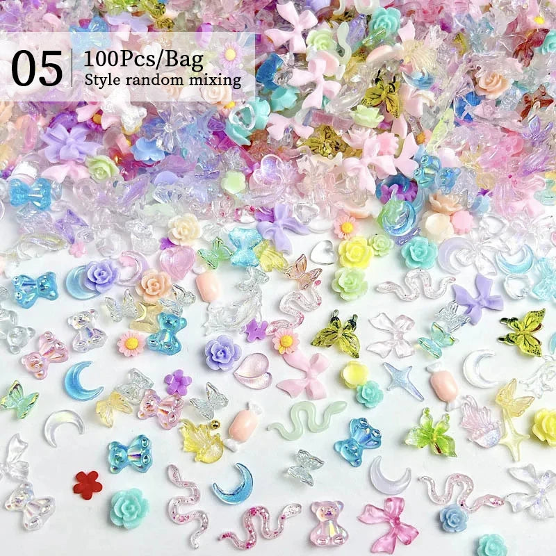 100Pcs Mixed Pink White Resin Hollow Pearl 3D Nail Charm Acrylic Love Heart Bowknot Pentagram Nail Accessories For Manicure Deco