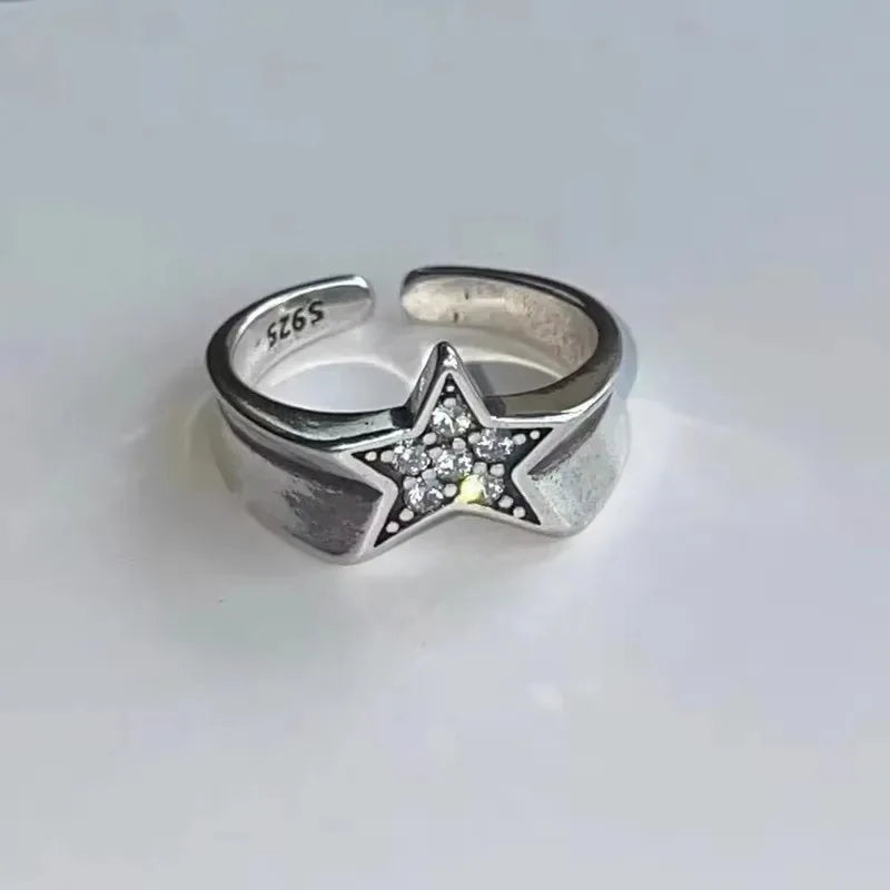 Vintage Punk Style Zircon Star Couple Rings for Men Women Personality Adjustable Crystal Pentagram Ring Jewelry Y2K Accessories