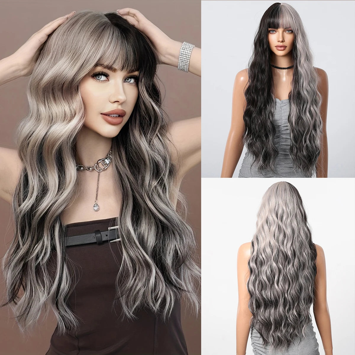 Light Green Long Wavy Synthetic Wigs with Bangs Blackish Green Cosplay Wig for Women Lolita Wig Heat Resistant Natural Hair