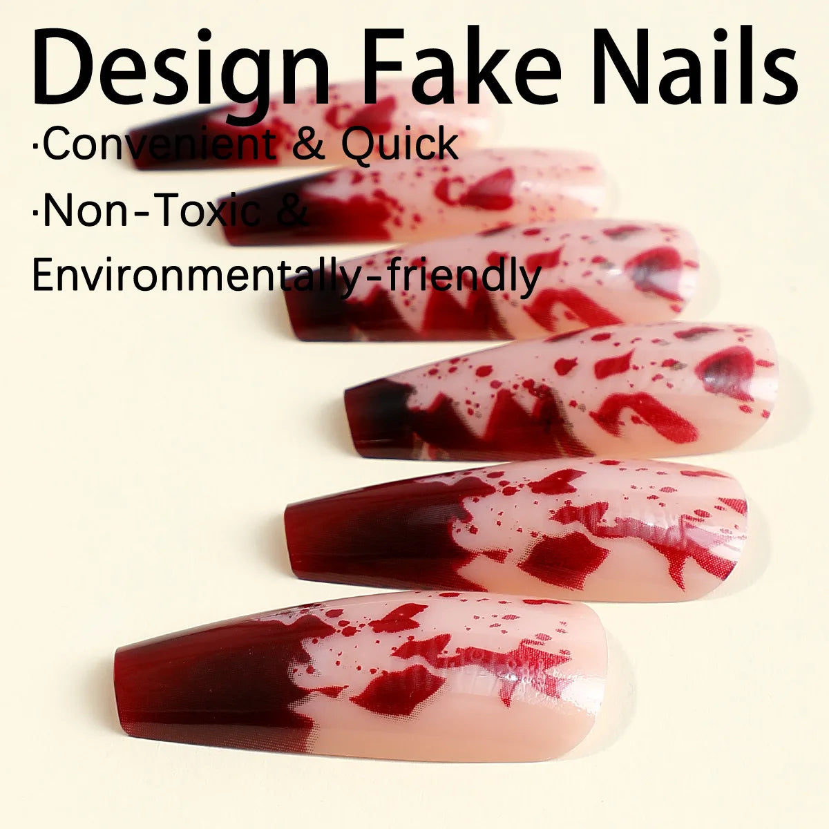 24pcs Long Coffin Shaped False Nails With Bloodstain Design For Halloween Theme, With Nail File And Double-Sided Tape Press On