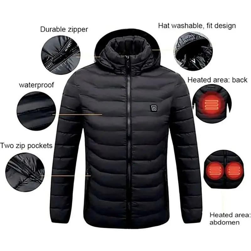 9 Heating Zones Jacket Winter Long Unisex Heated Coat Waterproof Clothes for Women Men USB Powered 3 Gear Temperature Control