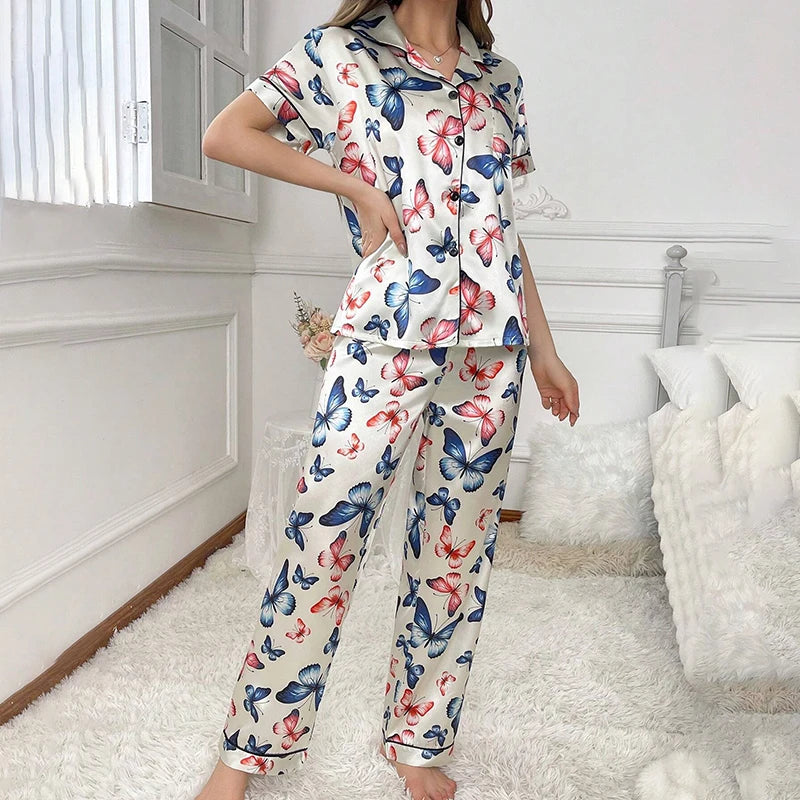 Butterfly Print Pajamas Women Autumn Short Sleeve Buttons Top & Long Pants Pajama Pj Sets Ladies Sleepwear Loungewear Nightwear