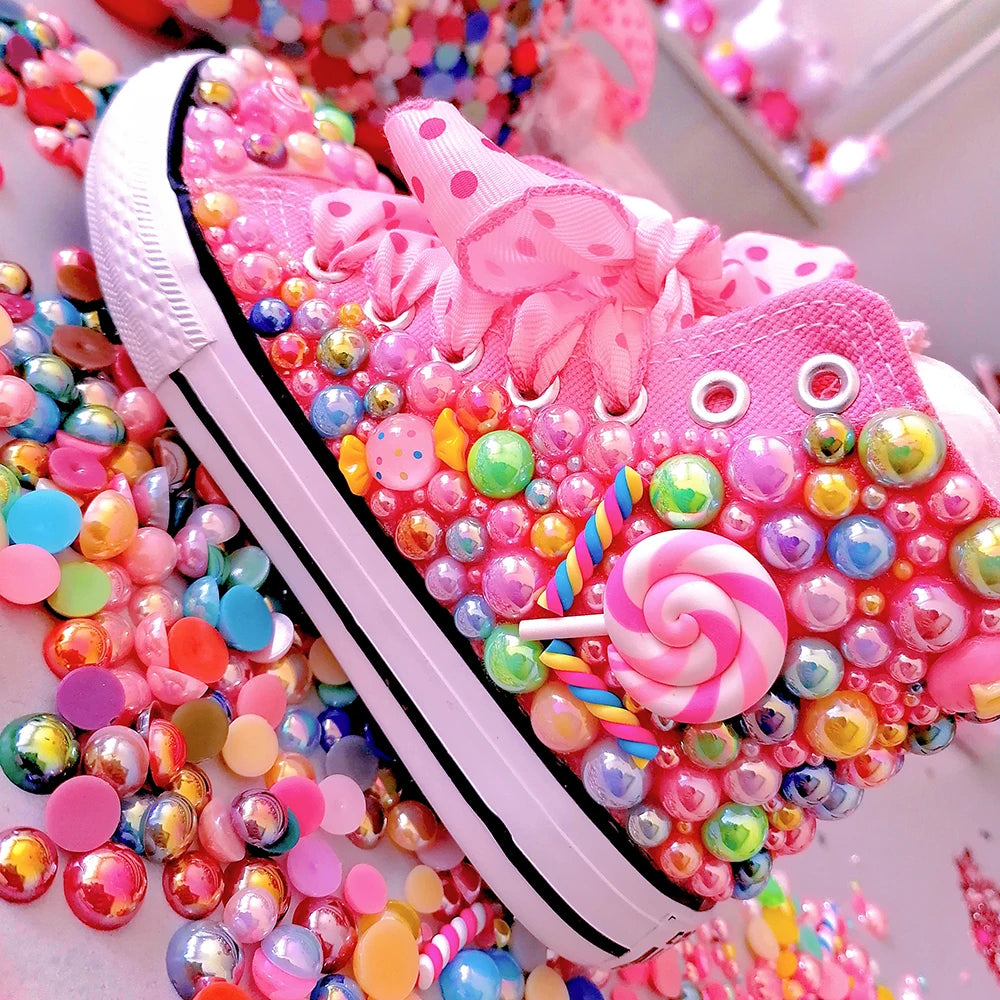 Handmade Rhinestones Bling Girls Womens Kids And Mother Candy Canvas Shoes Pearls Sneakers For Girl Birthday Party Wedding