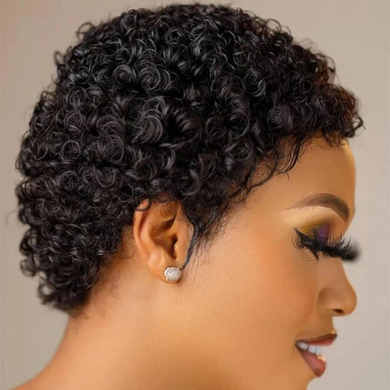 Short Kinky Curly Wigs Human Hair Pixie Cut Brazilian Human Hair For Women Natural Black Curly Human Hair Wigs Full Machine Made