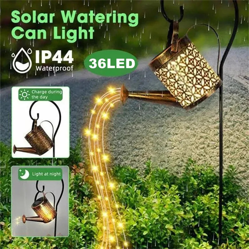 Hollow Wrought Iron Star Shower Lamp Solar Watering Can Fairy Light Garden Decoration Shower& Light Lawn Courtyard Decorations