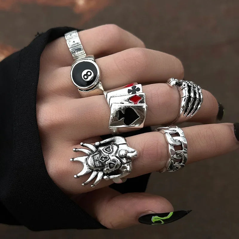 7pcs Set Punk Hip Hop Stainless Steel Men Ring Vintage Spider Bat Skull Two-headed Snake Opening Rings Jewelry Gothic Accesorios