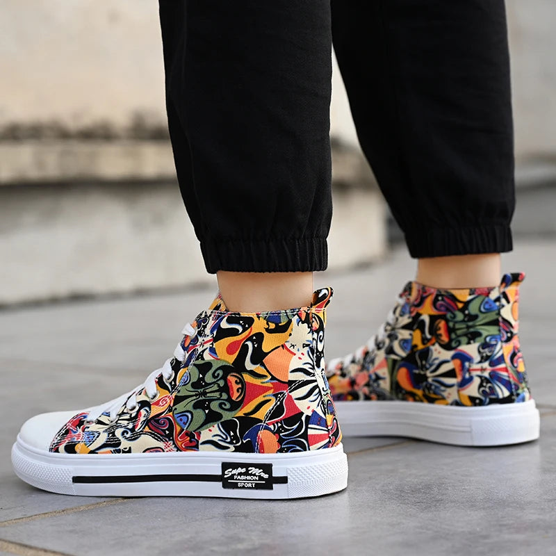 Couple Colorful Canvas Shoes Men High-top Lace Up Flats Graffiti Vamp Female Spring Summer Casual Sneakers Size 35-44 Chaussure