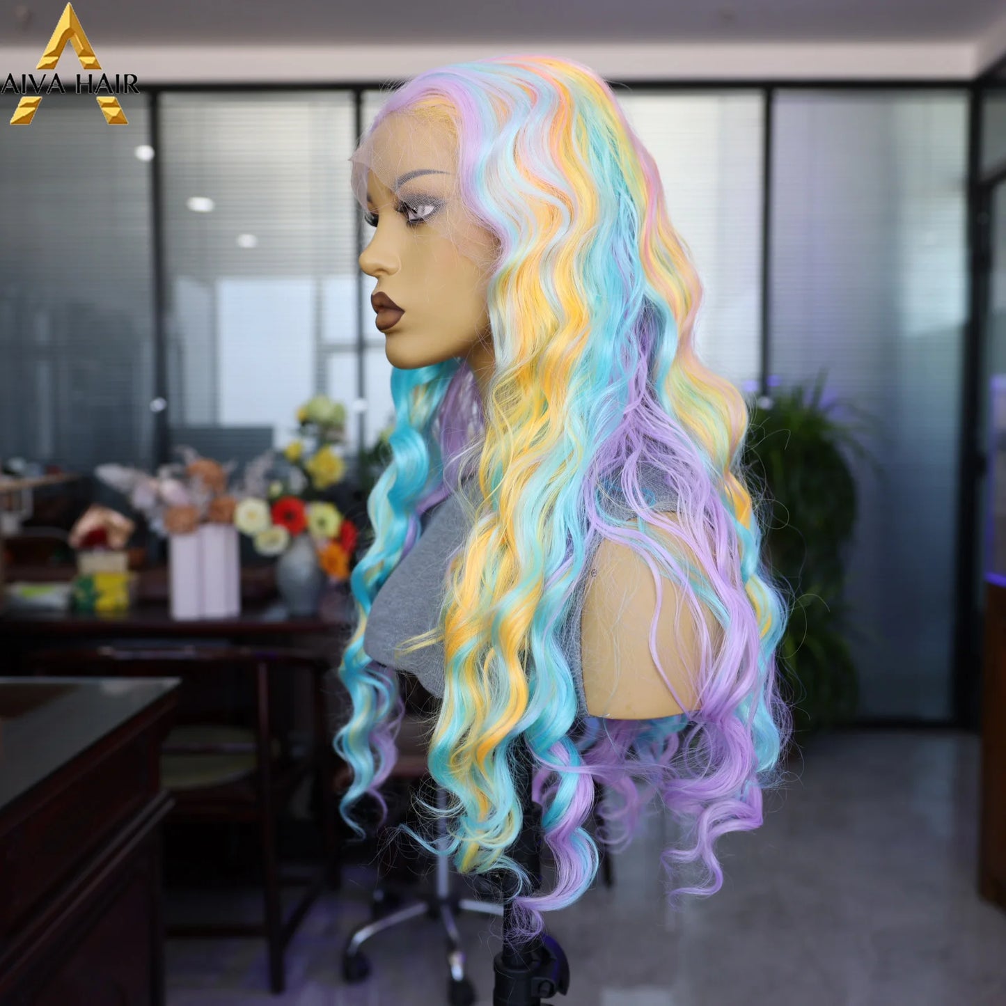 Aiva Rainbow Lace Front Long Wave Wig Multi Color Mixed Wig For Cosplay Party Wig Transparent Lace High Temperature Resistant