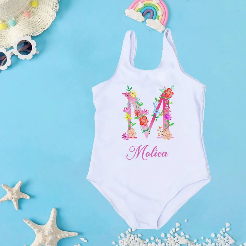 Personalized Custom Initial Name Baby Girl Swimsuit 2-7 Year One Piece Swimwear Children's Beach Clothes Kid Summer Bathing Suit