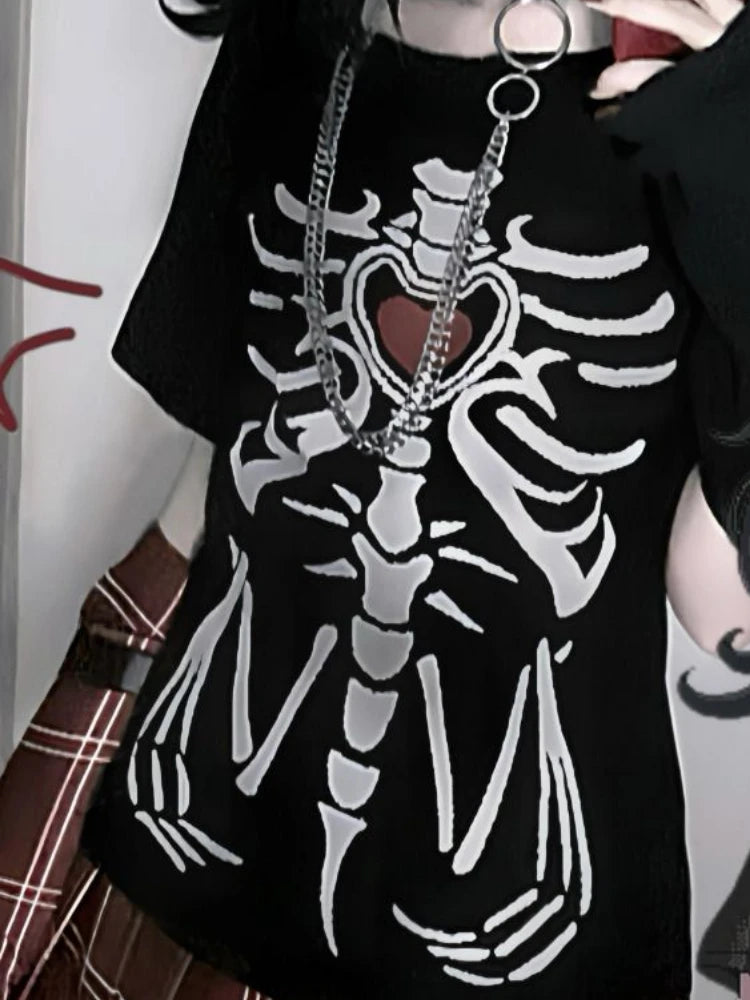 Japanese Summer Fairy Skeleton Printing T-shirts Harajuku Vintage Casual Loose Black Tops 2025 Women Streetwear Grunge Punk Tees