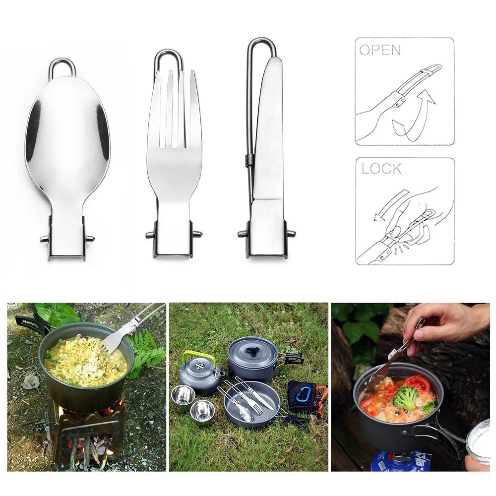 Camping Cookware Set Outdoor Travel Cooking Kit Aluminum Tableware Equipment Pot Kettle Cups Knife And Fork Hiking Picnic BBQ