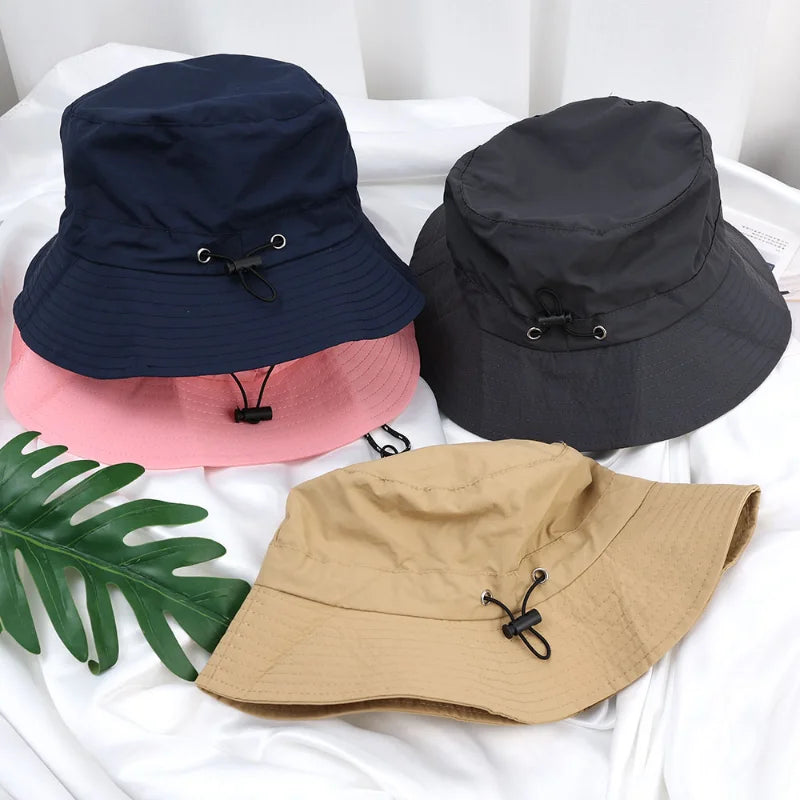 Spring Summer Fisherman Hat Drawstring Bucket Hats Outdoors Climb Travel Sunshade Cap Waterproof Foldable Portable Casual Caps