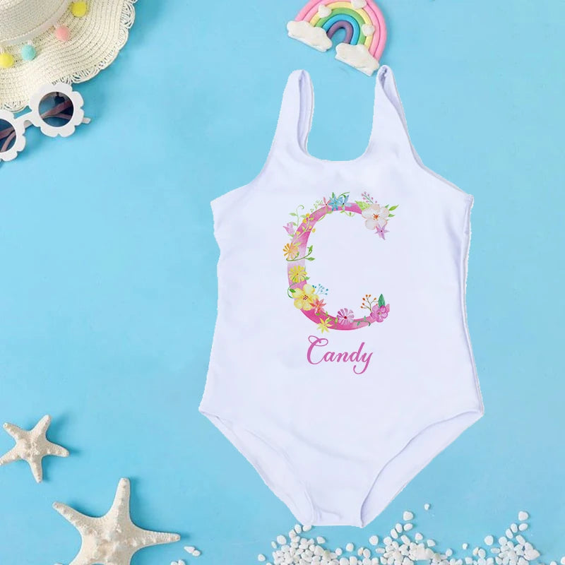 Personalized Custom Initial Name Baby Girl Swimsuit 2-7 Year One Piece Swimwear Children's Beach Clothes Kid Summer Bathing Suit