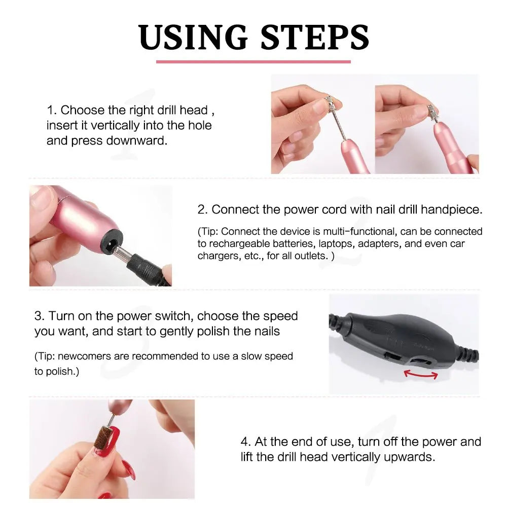 Nail Drill - Professional Electric Nail Drill File Machine Portable Electric Nail Filer with Nail Drill Bits Sanding Bands