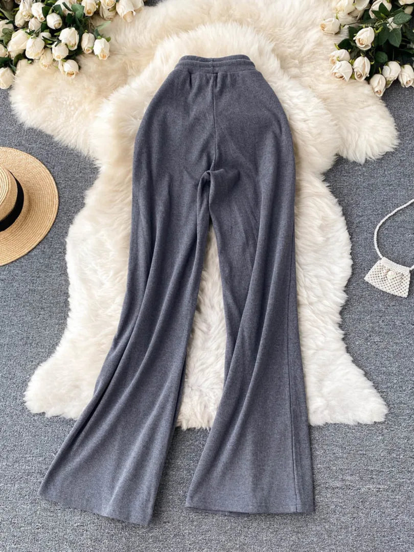 Women Long Pants Solid Fashion Spring Autumn High Elastic Waist Wide Leg Trousers Casual Sportswear Fitness Pants Trousers