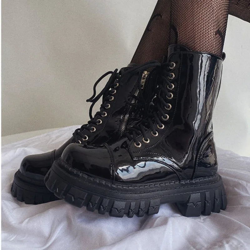 Short Shoes for Woman Combat Booties Punk Style Footwear Waterproof Women's Ankle Boots with Laces Lace-up Biker New Rock In Y2k