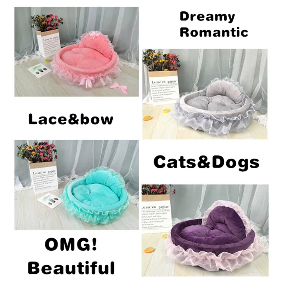 Hanpanda Fantasy Bow Lace Dog Beds For Small Dogs 3D Detachable Oval Princess Pet Bed Dog Soft Sofa Nest Pet Wedding Furnitures