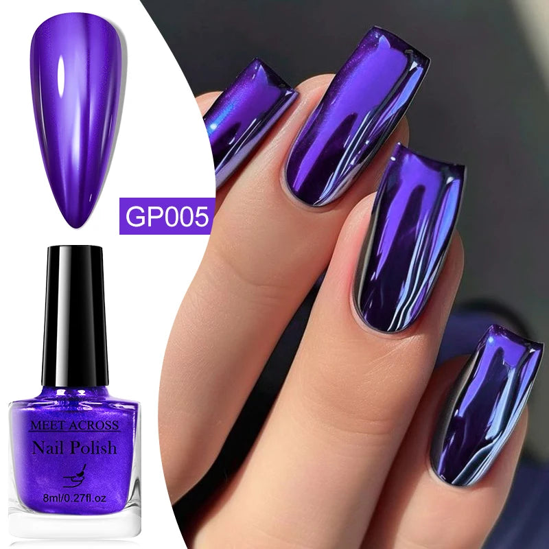 MEET ACROSS 8ml Dark Purple Glass Bottle Mirror Metallic Nail Polish Super Bright Metallic Effect Nail Art Varnish No Need Lamp