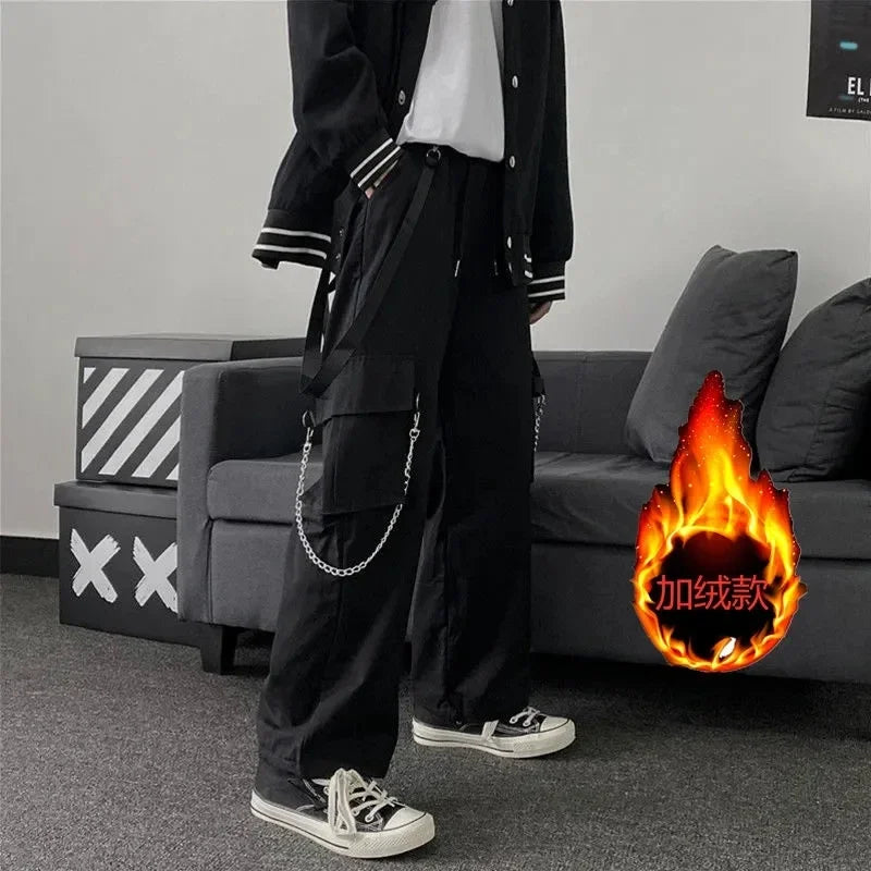 Goth Punk Black Cargo Pants With Chain Streetwear Men Wide Leg Trousers Harajuku Hip Hop Hombre Casual Joggers Pantalon Homme