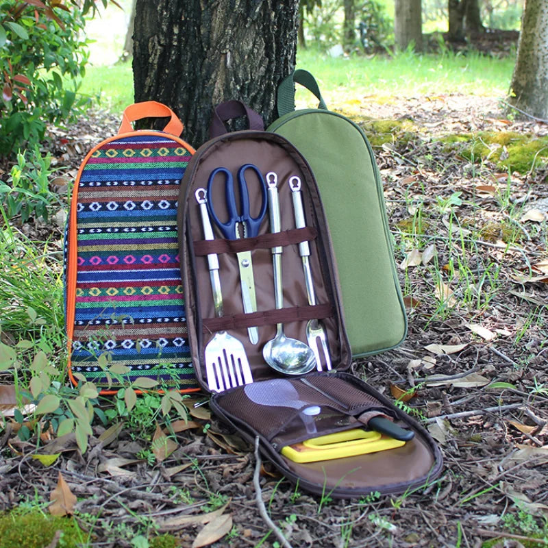 7pcs Camping Kitchen Utensil Set with Carrying Bag BBQ Beach Hiking Travel Organizer Storage Pack Cook Gadgets Equipment Gear