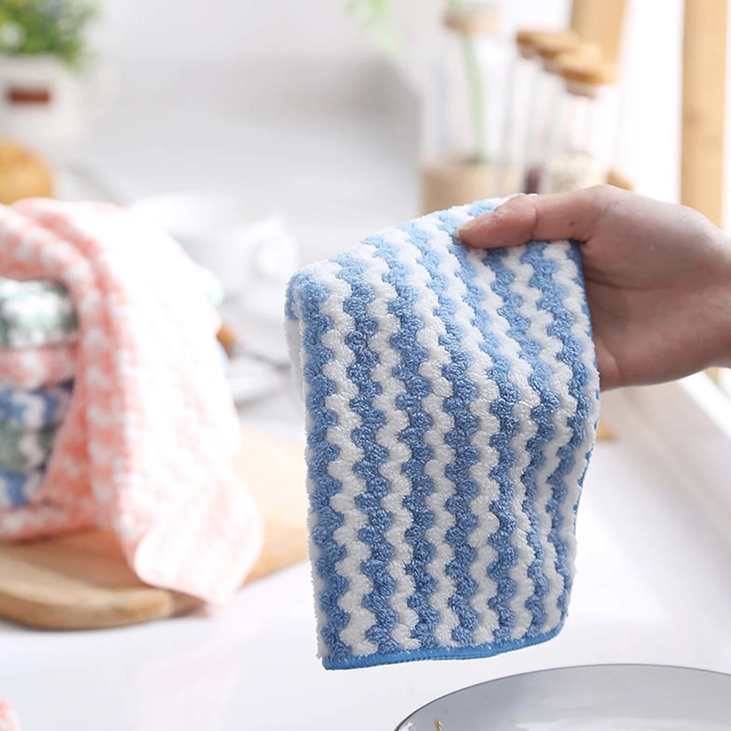 5Pcs/Set Kitchen Cleaning Rag Coral Fleece Dish Washing Cloth Super Absorbent Scouring Pad Dry Wet Kitchen Cleaning Towels