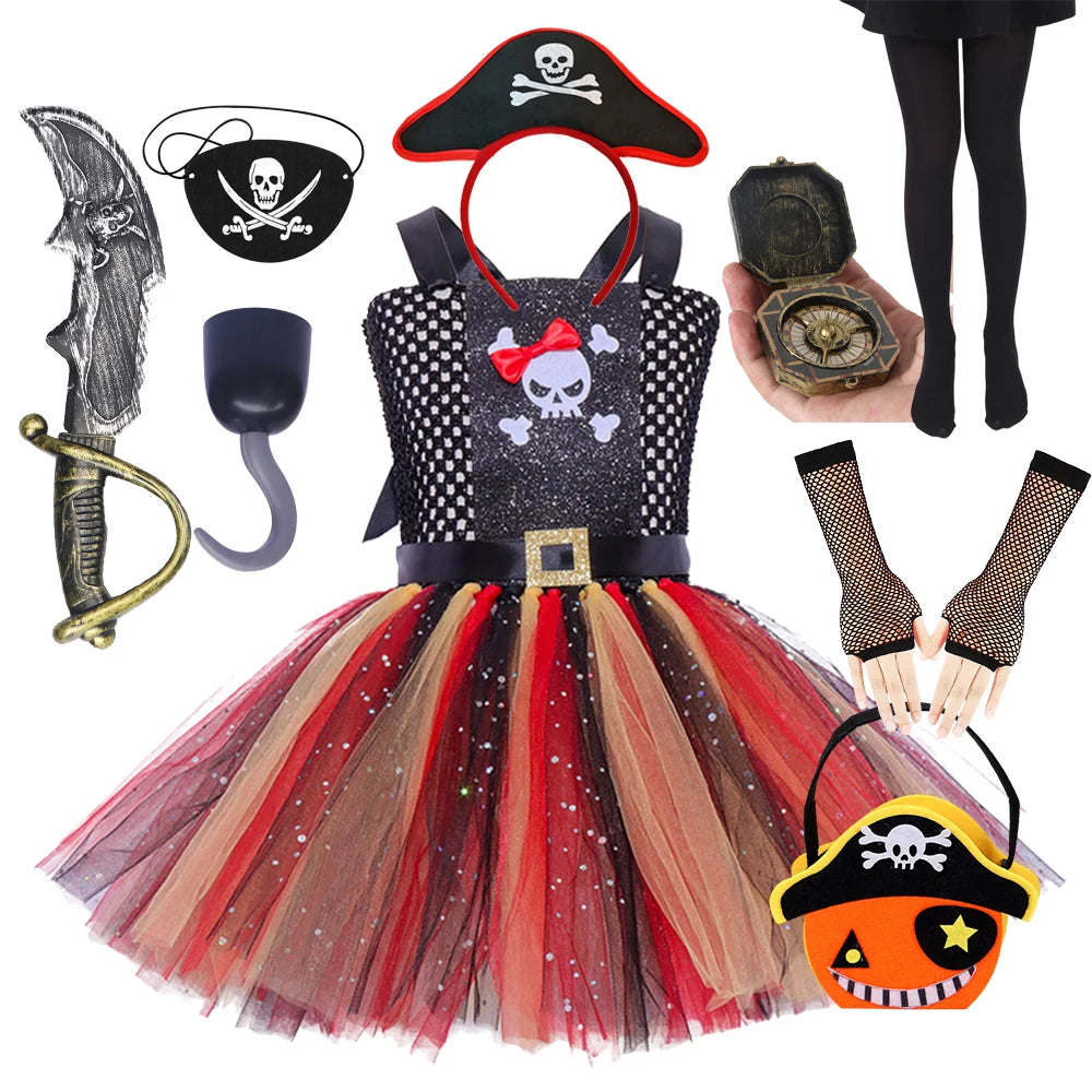 Captain Pirate Clothes Dress For Girl Gothic Halloween Costumes Mesh TuTu Dress Halloween Cosplay Costume Carnival Party Clothes