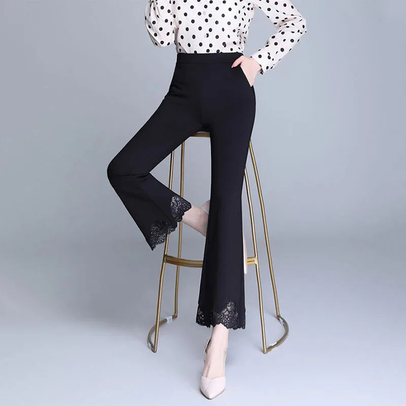 Woman Splicing Lace Fashion Trousers Spring Autumn Thin Office Lady Pocket High Waist Elastic 4XL Loose Female Flare Pants 2022